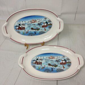 Villeroy & Boch NAIF CHRISTMAS Pickle Dish Appetizer Relish Tray Plate Set Of 2